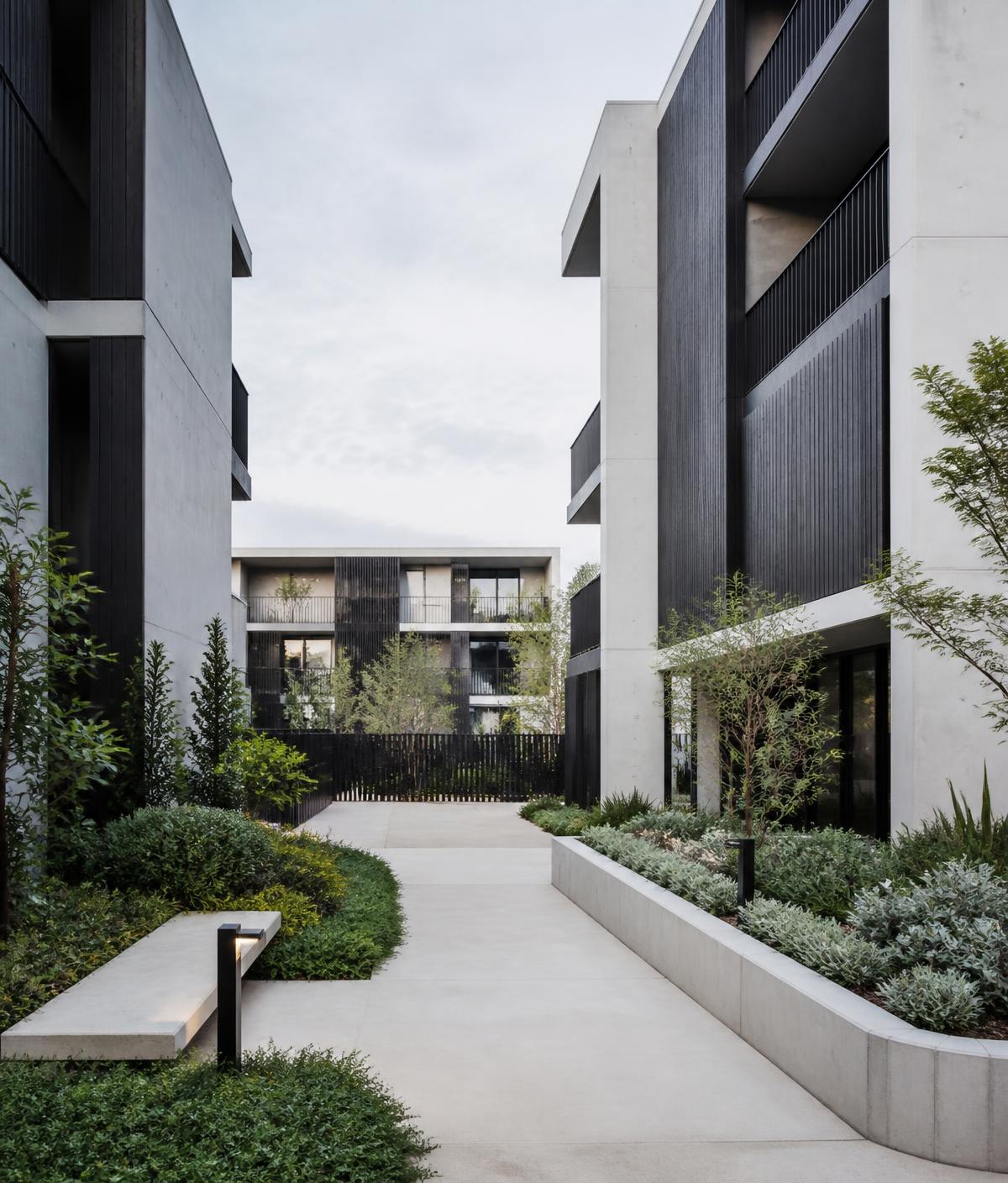 Completed residential development with landscaped courtyard
