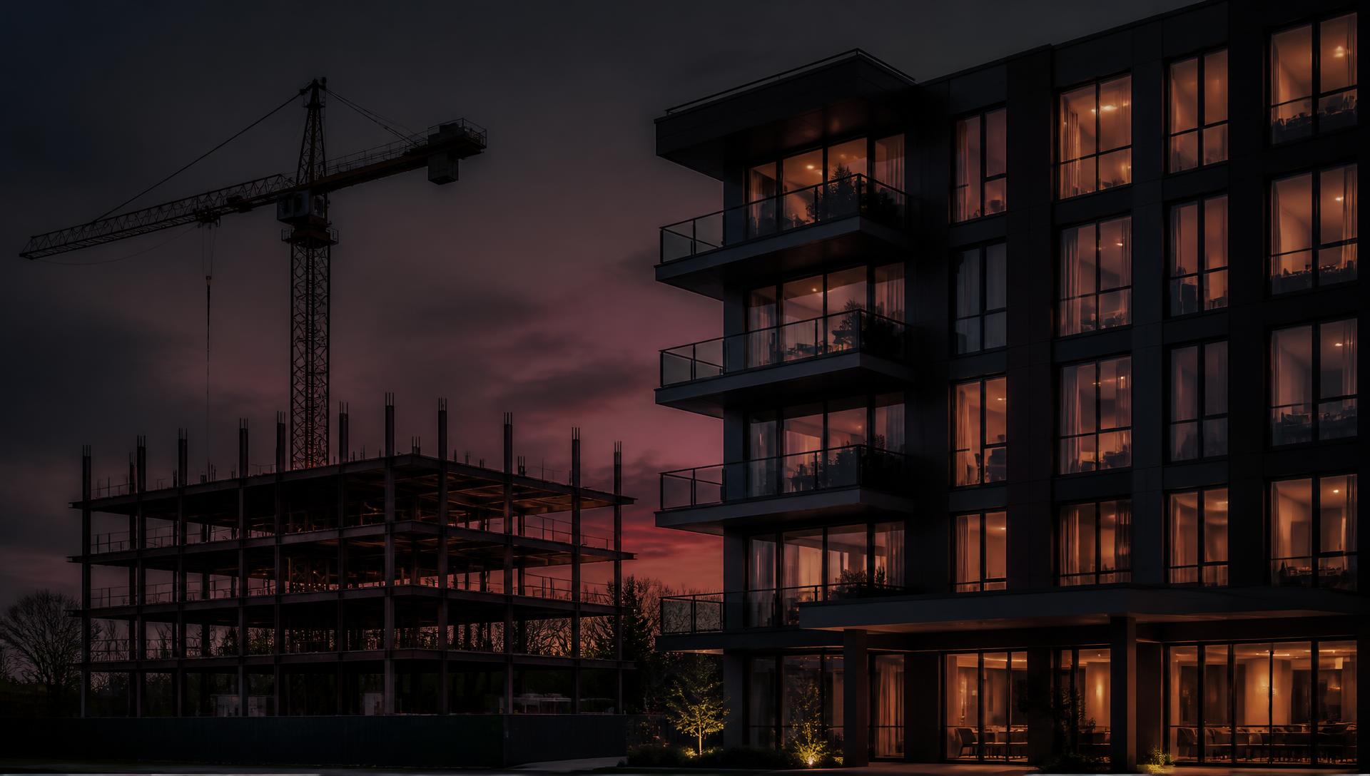 A completed residential building beside an active construction site at dusk